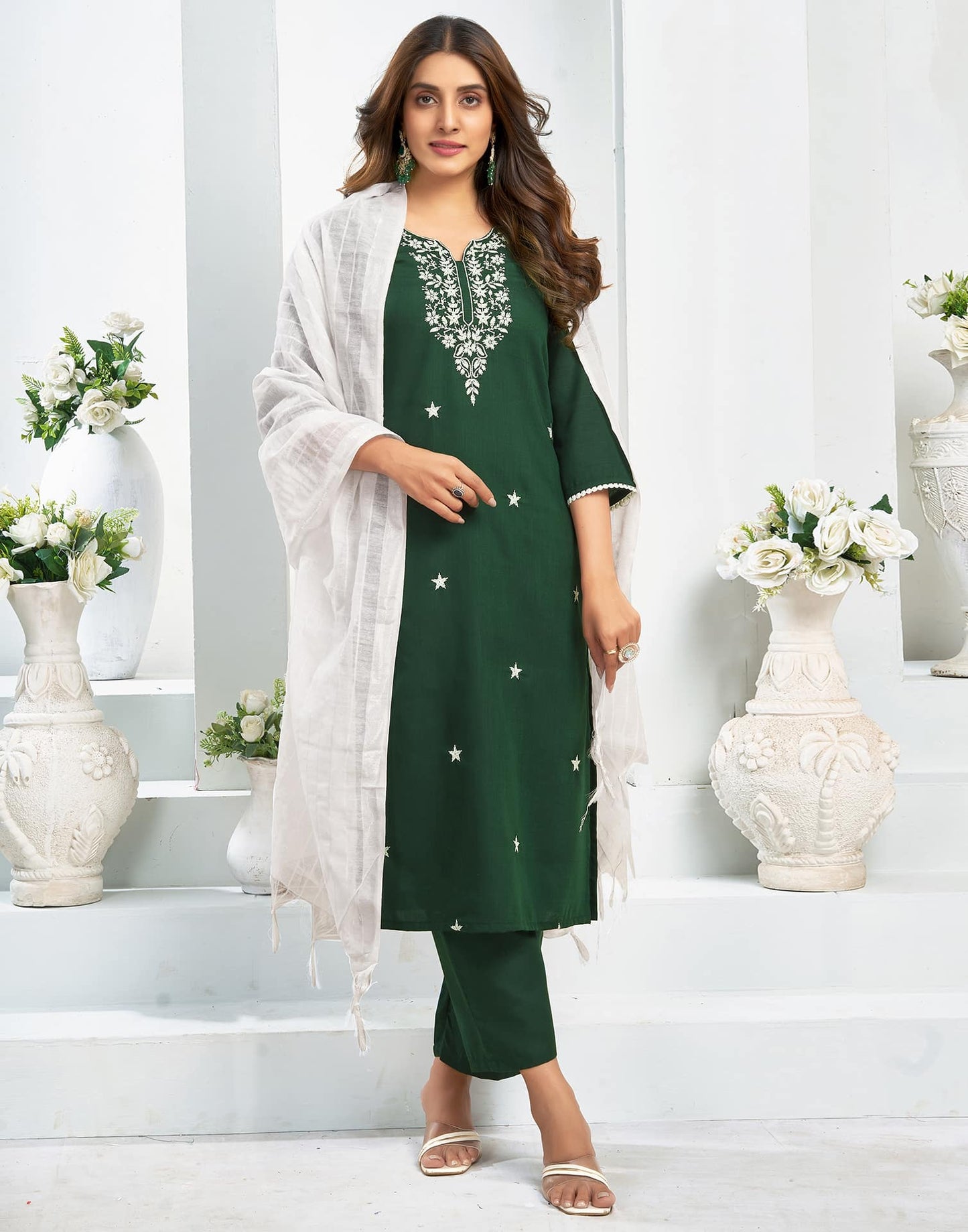 Cotton Blend Embroidered Straight Kurta with Pant & Dupatta