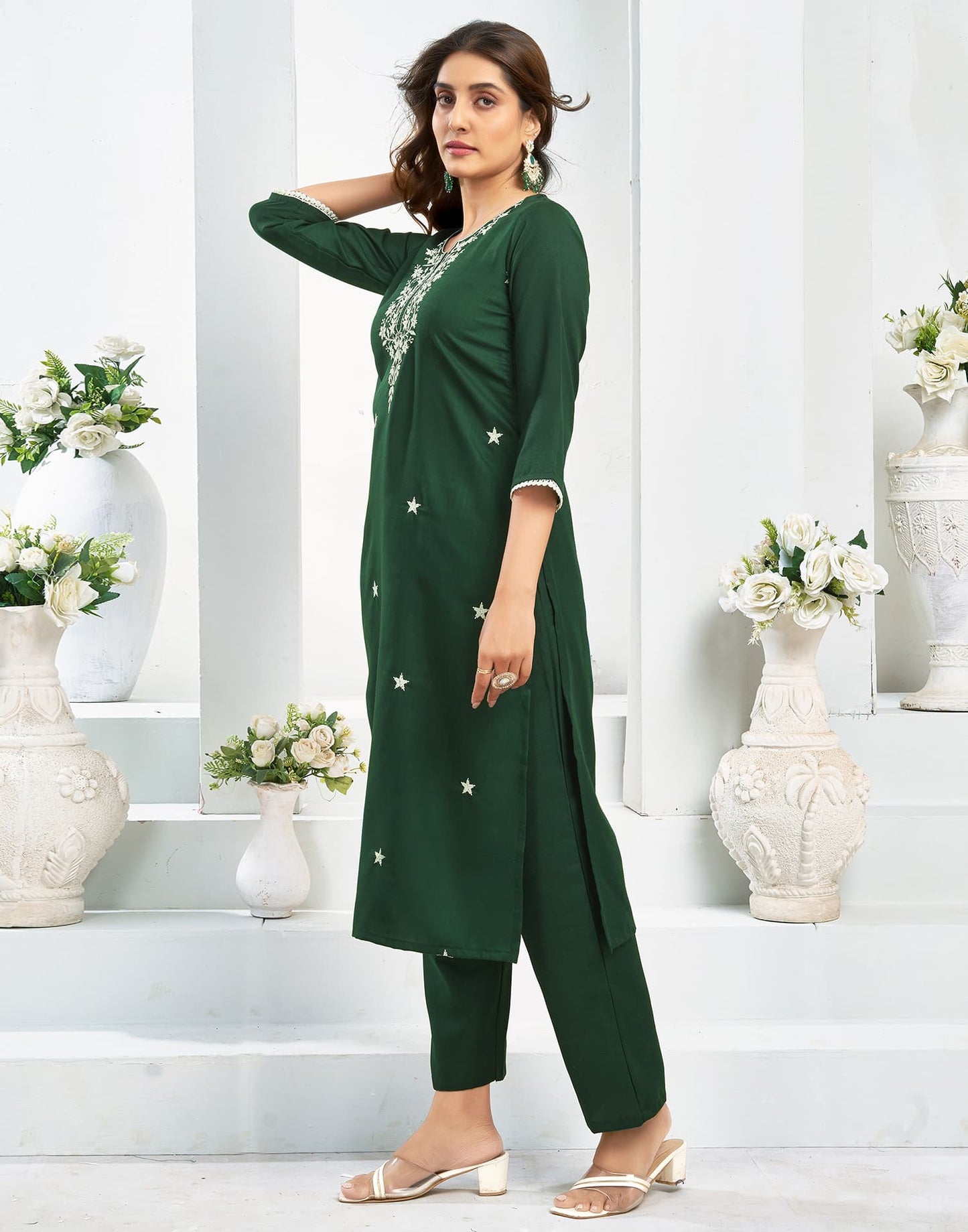 Cotton Blend Embroidered Straight Kurta with Pant & Dupatta