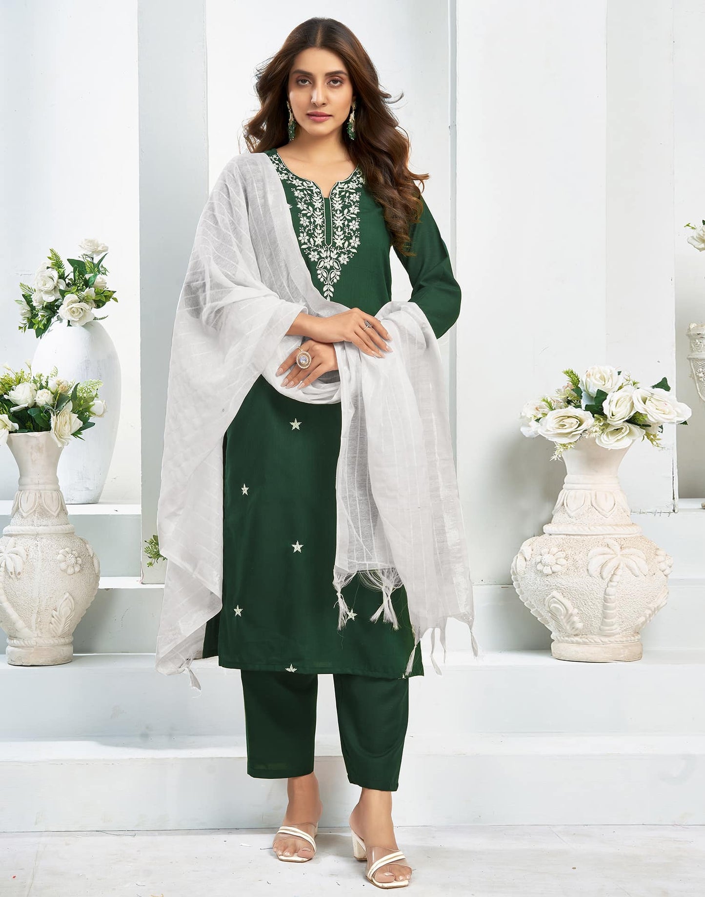 Cotton Blend Embroidered Straight Kurta with Pant & Dupatta