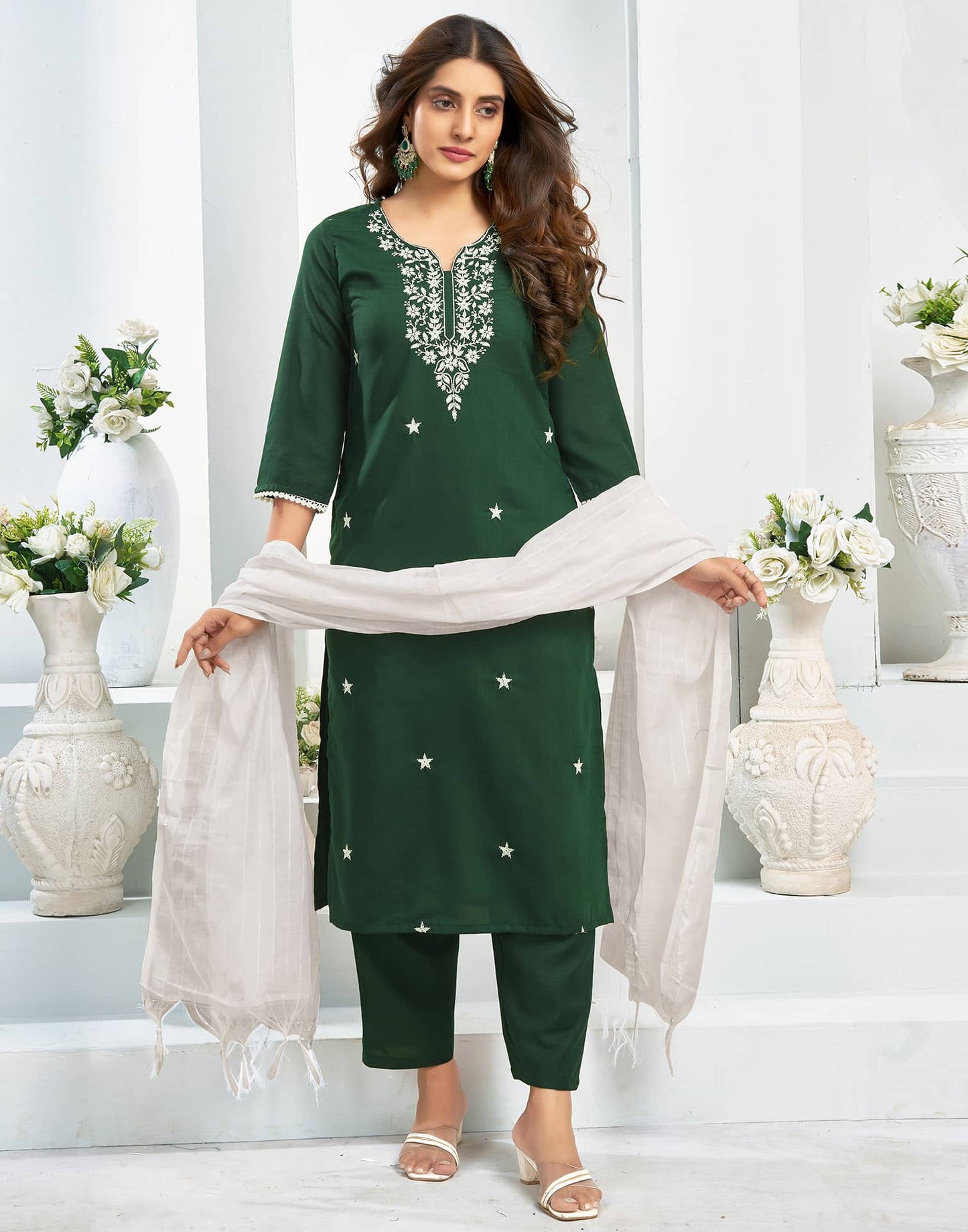 Cotton Blend Embroidered Straight Kurta with Pant & Dupatta