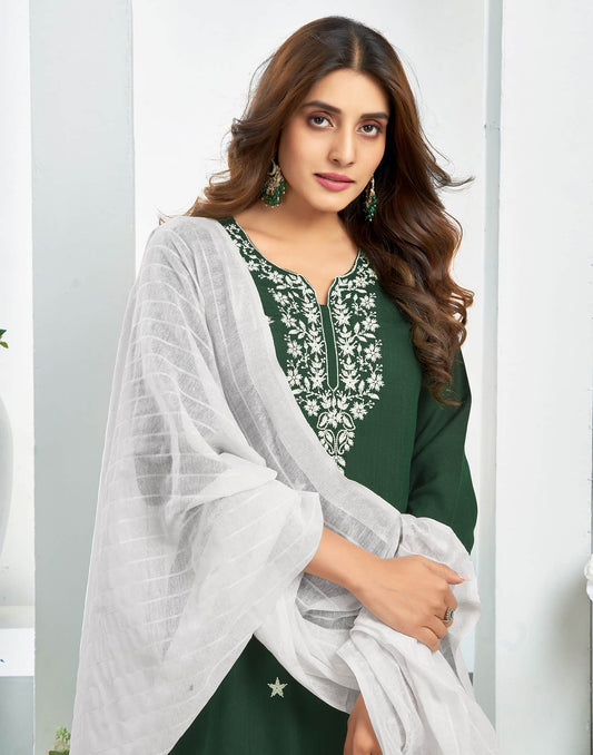 Cotton Blend Embroidered Straight Kurta with Pant & Dupatta