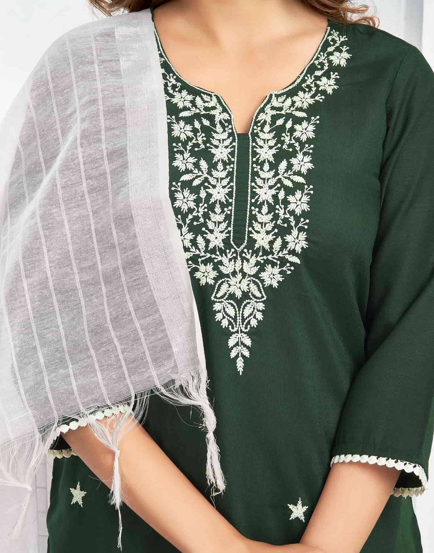 Cotton Blend Embroidered Straight Kurta with Pant & Dupatta