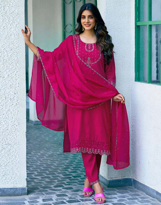 Affordable Rani Pink Silk Embroidered Festive Kurta Set with dupatta