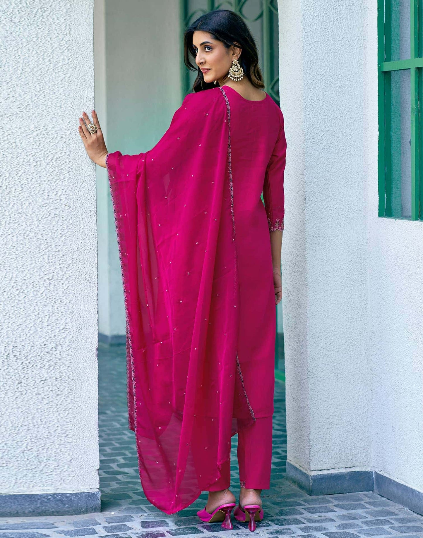 Affordable Rani Pink Silk Embroidered Festive Kurta Set with dupatta