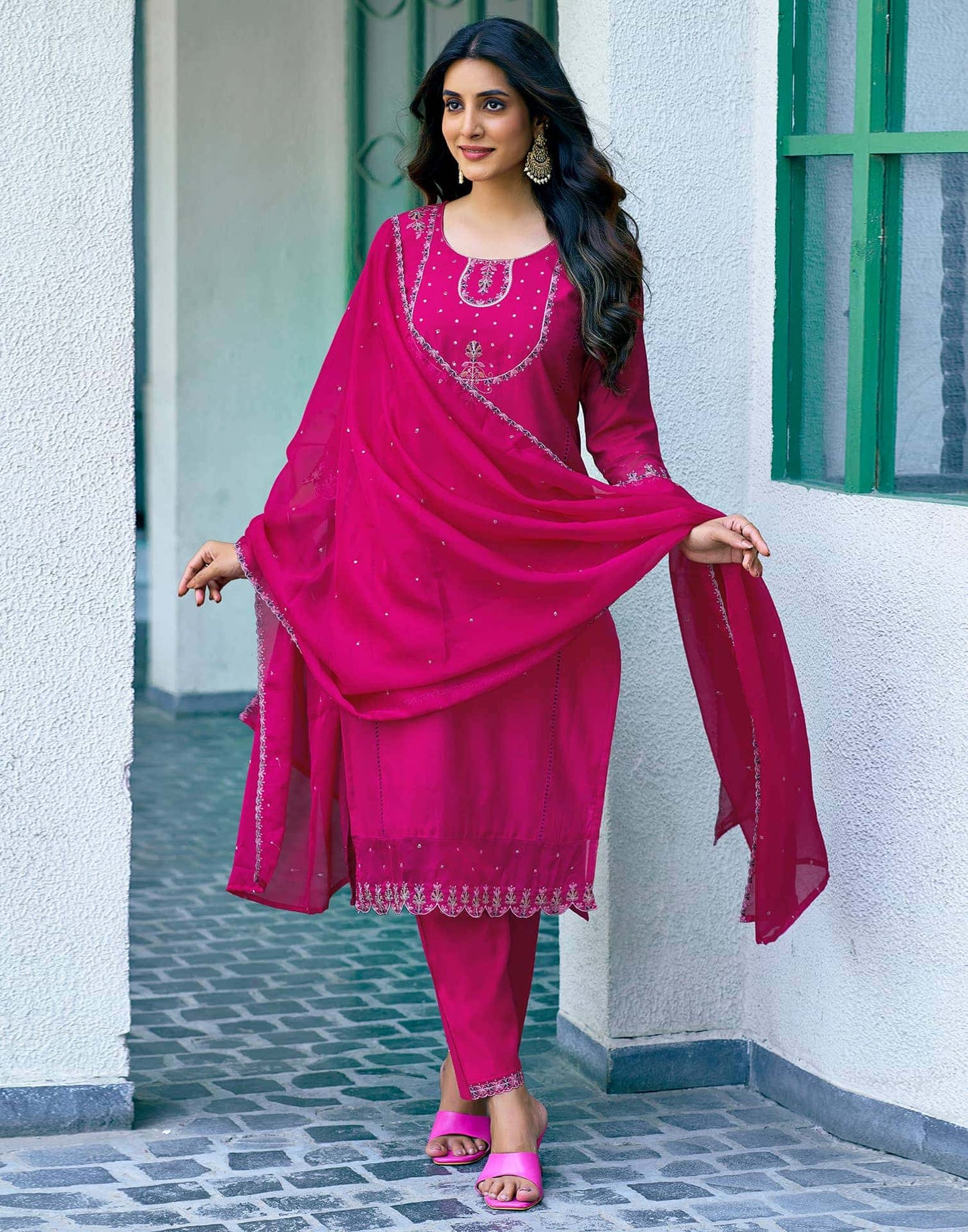 Silk Dyed, Sequence Embroidery Work, Embroidered Fabric Lace and Cotton Lace Straight Kurta with Pant & Dupatta