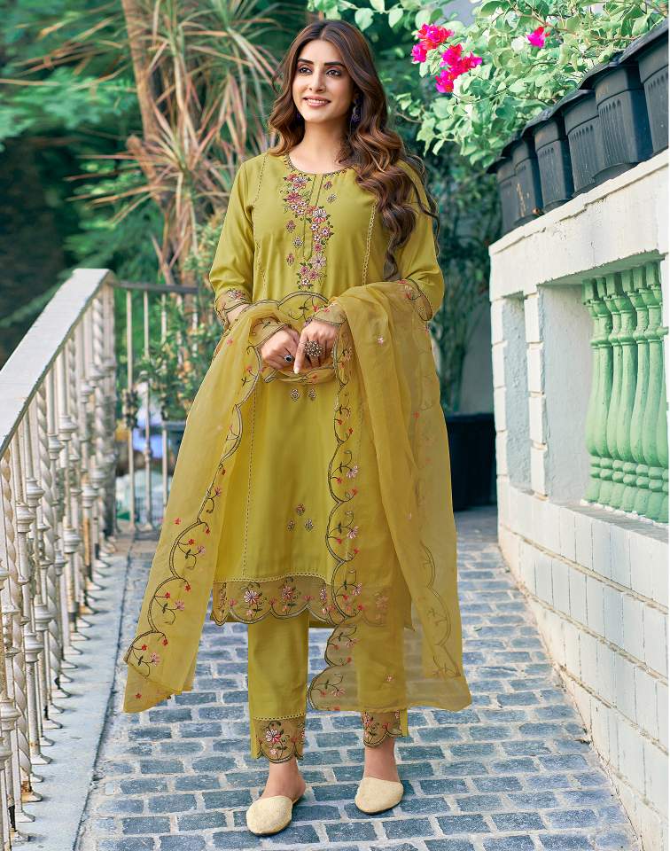 Mustard Yellow Silk Plain Round Neck 3/4 Sleeve Straight Kurta Set With Pant & Dupatta