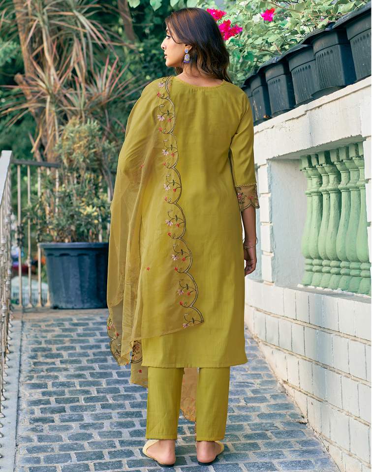 Mustard Yellow Silk Plain Round Neck 3/4 Sleeve Straight Kurta Set With Pant & Dupatta
