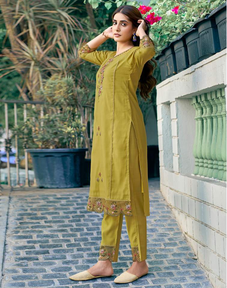 Mustard Yellow Silk Plain Round Neck 3/4 Sleeve Straight Kurta Set With Pant & Dupatta