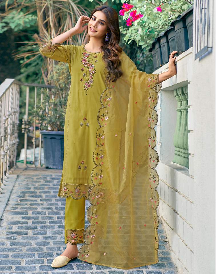 Mustard Yellow Silk Plain Round Neck 3/4 Sleeve Straight Kurta Set With Pant & Dupatta