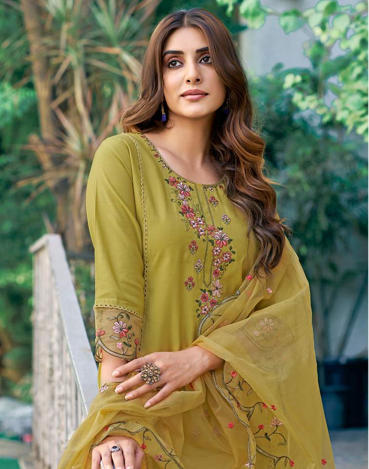 Mustard Yellow Silk Plain Round Neck 3/4 Sleeve Straight Kurta Set With Pant & Dupatta