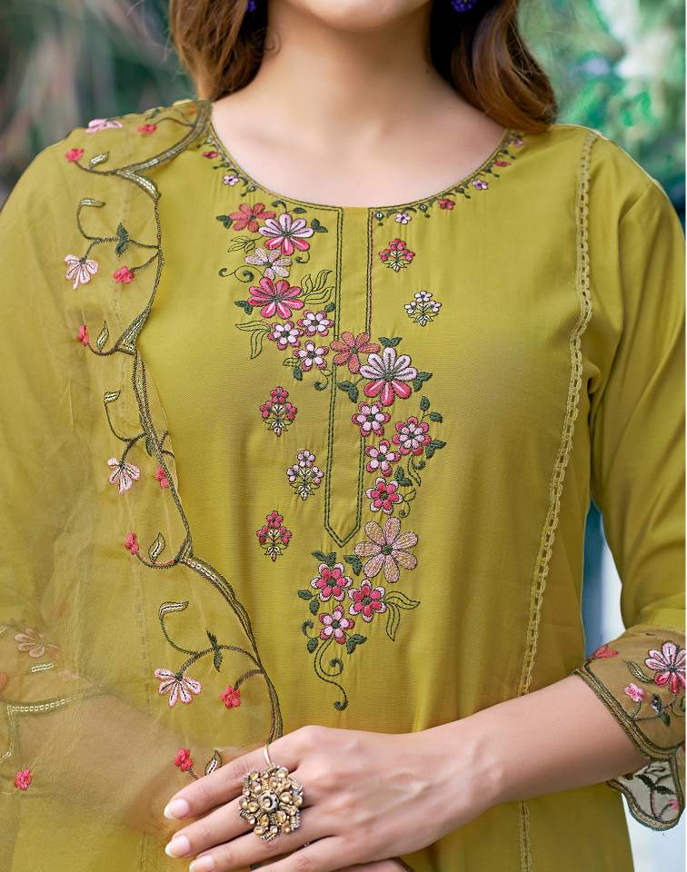 Mustard Yellow Silk Plain Round Neck 3/4 Sleeve Straight Kurta Set With Pant & Dupatta