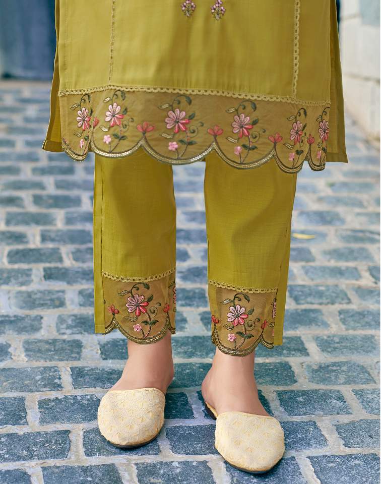Mustard Yellow Silk Plain Round Neck 3/4 Sleeve Straight Kurta Set With Pant & Dupatta