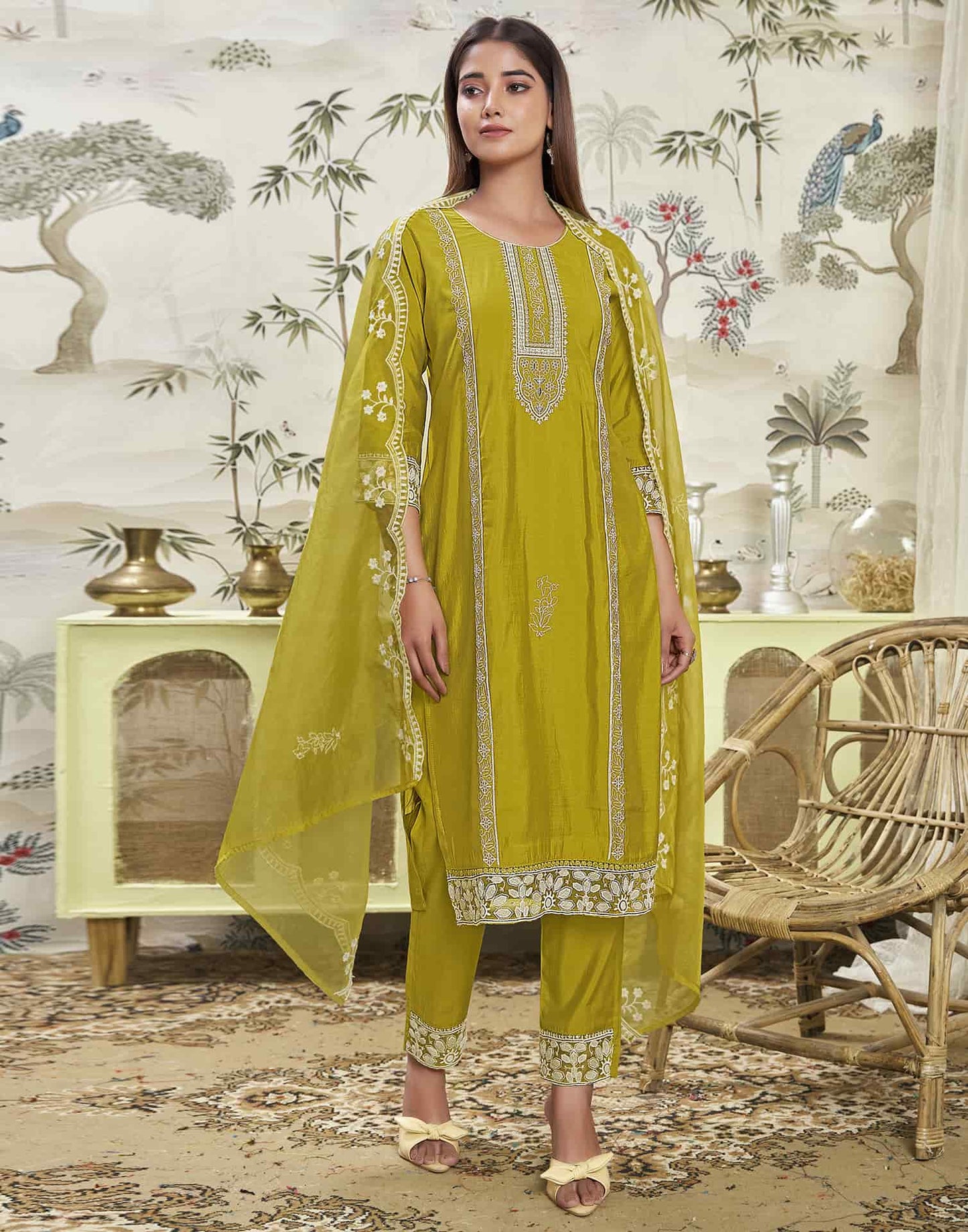 Silk Blend Embroidered Straight Kurta with Pant & Dupatta