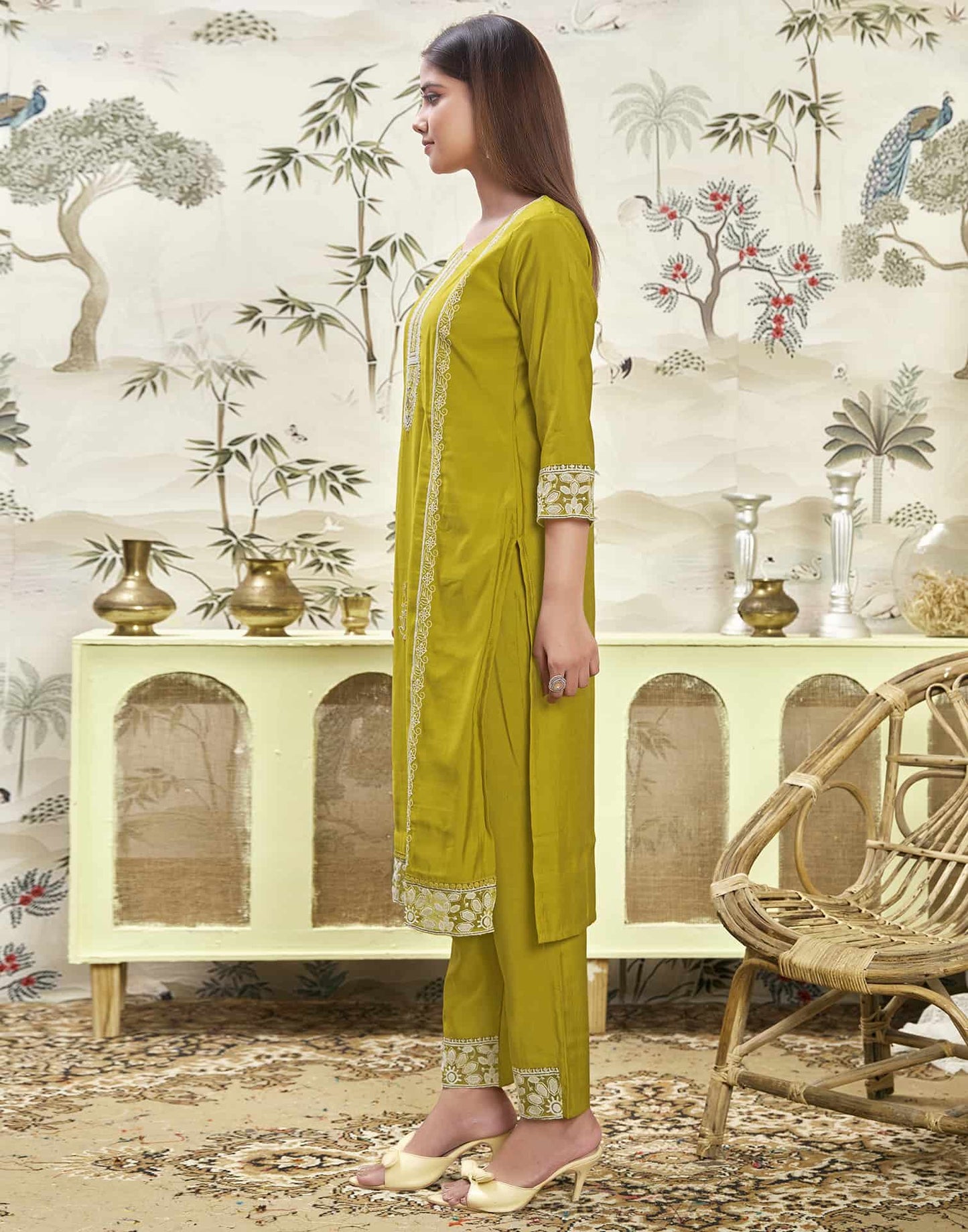 Silk Blend Embroidered Straight Kurta with Pant & Dupatta
