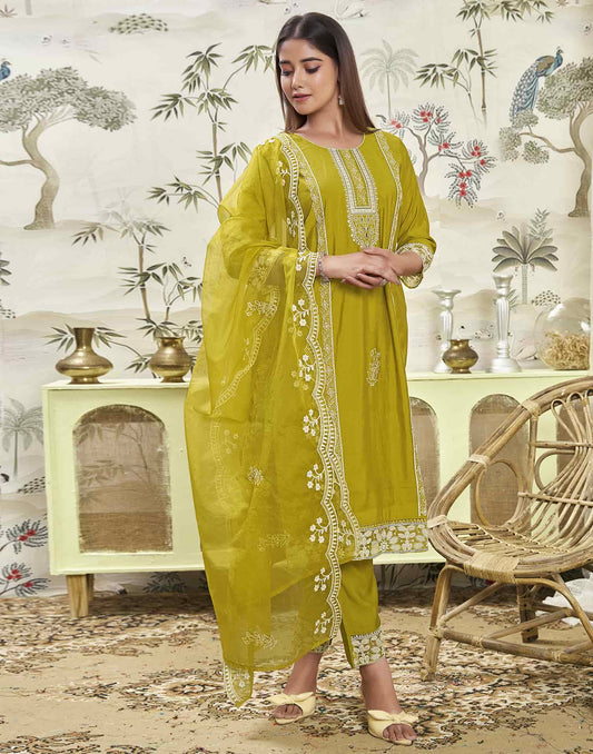Silk Blend Embroidered Straight Kurta with Pant & Dupatta