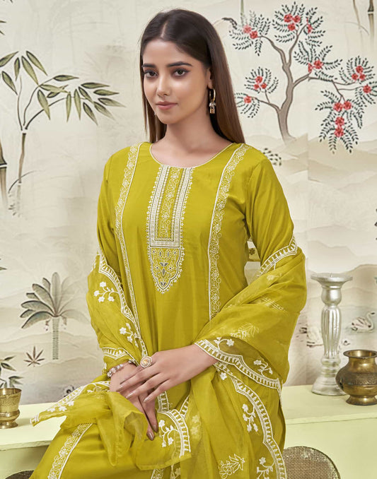 Silk Blend Embroidered Straight Kurta with Pant & Dupatta
