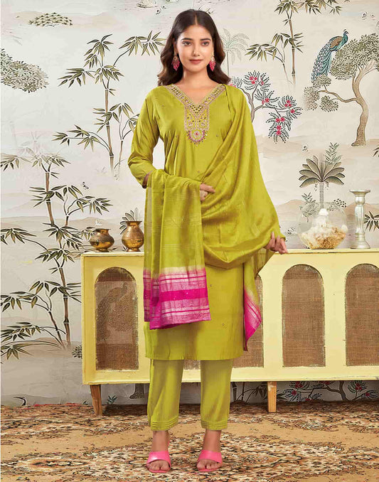 Silk Blend Embroidered Straight Kurta with Pant & Dupatta