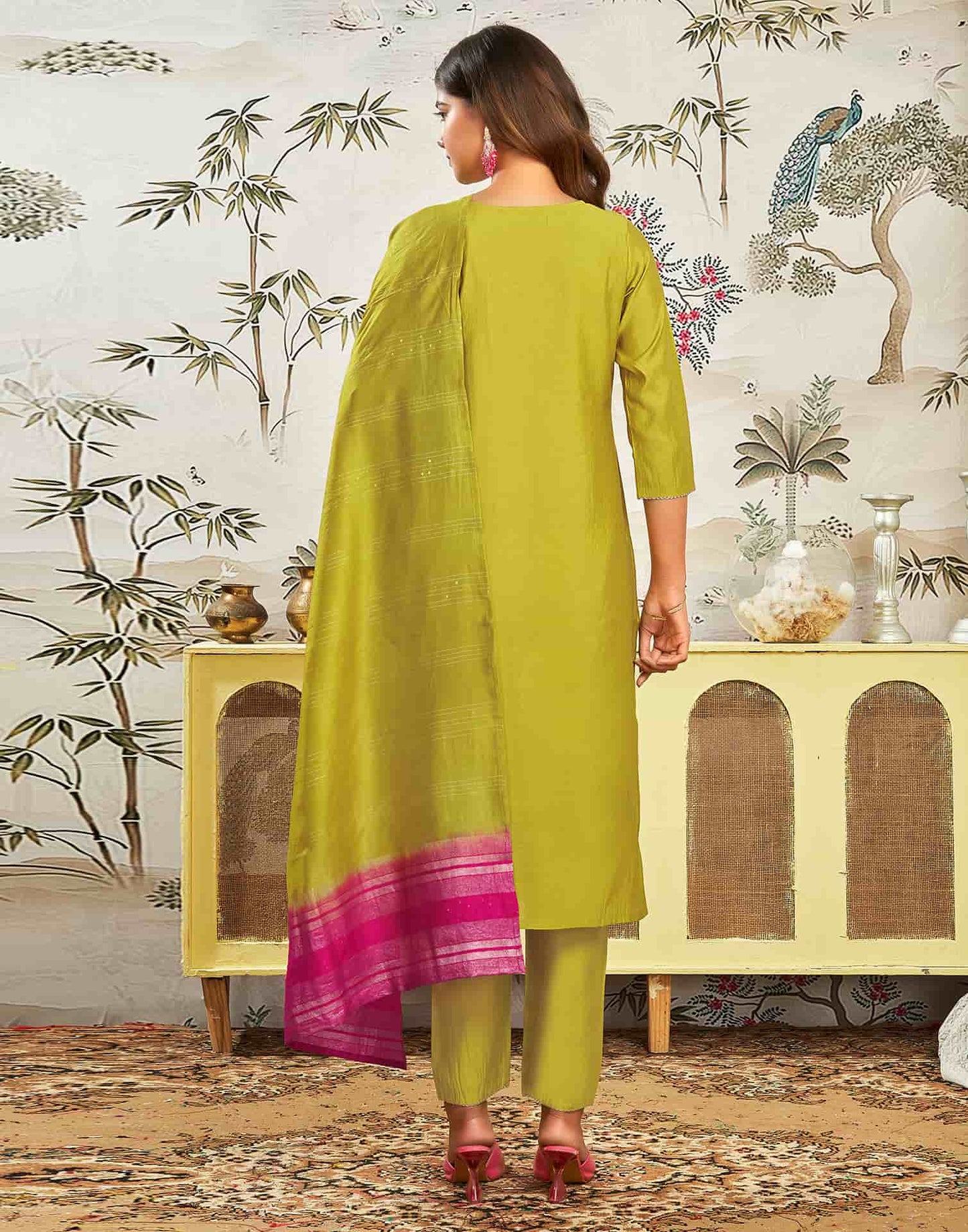 Silk Blend Embroidered Straight Kurta with Pant & Dupatta