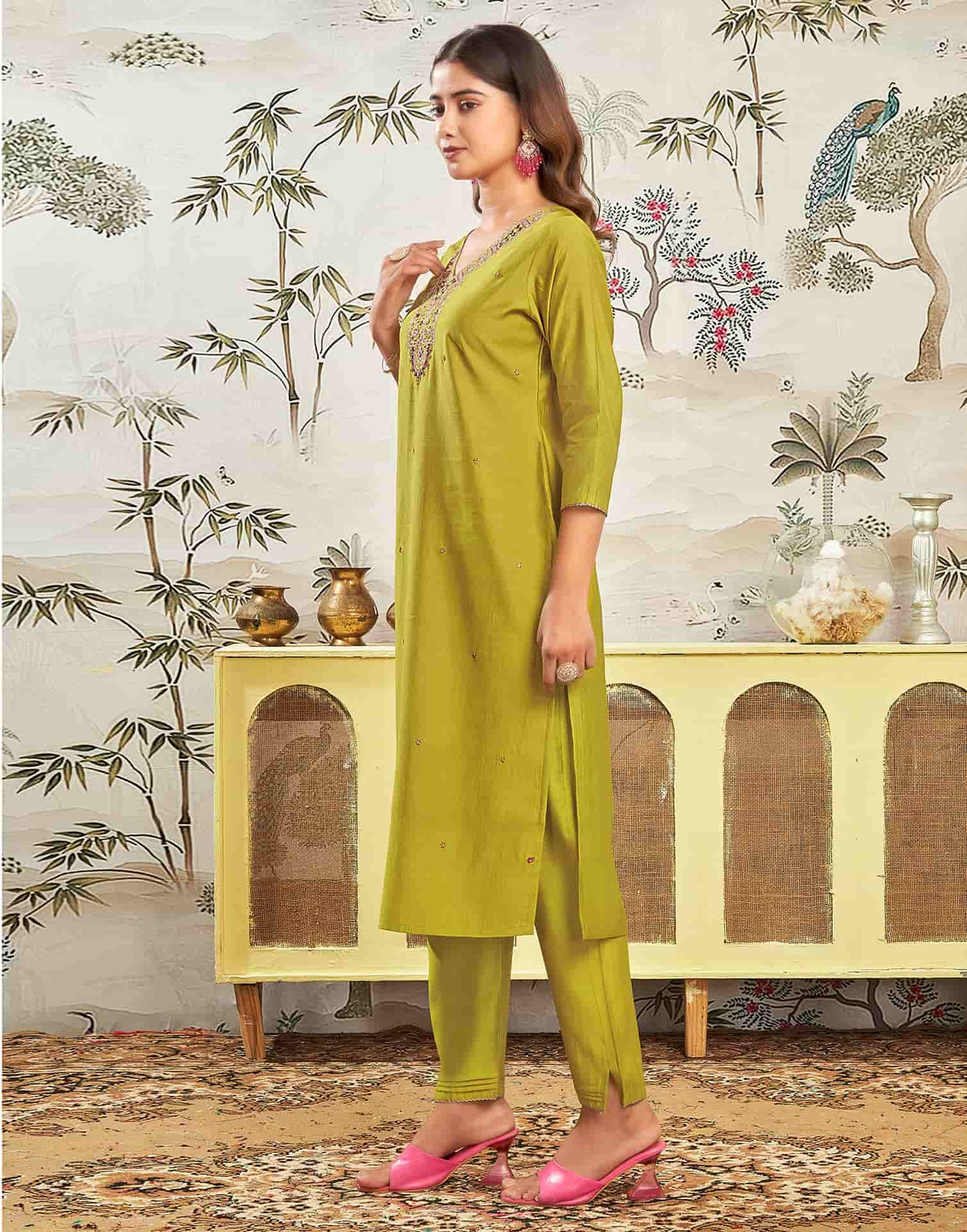 Silk Blend Embroidered Straight Kurta with Pant & Dupatta