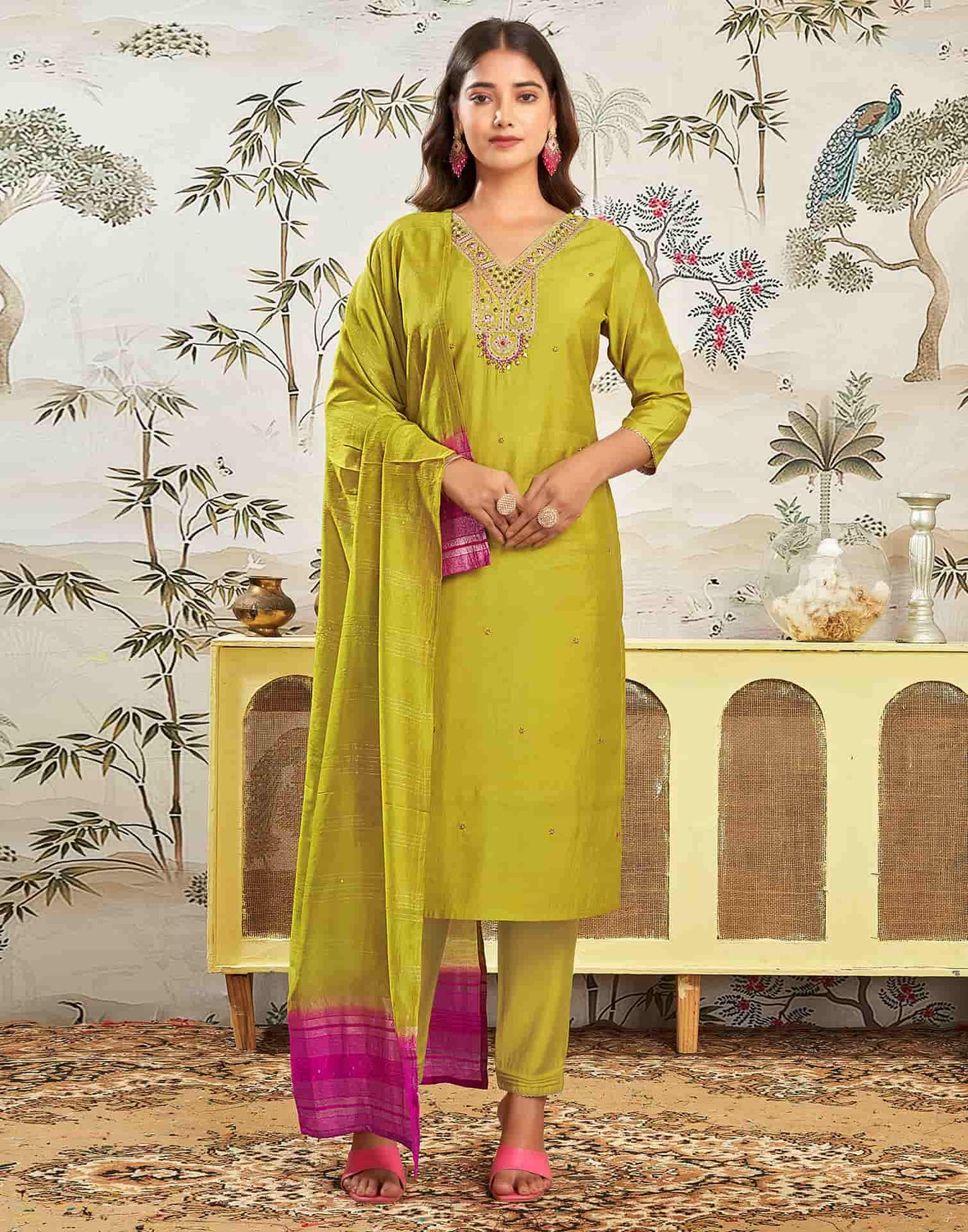 Silk Blend Embroidered Straight Kurta with Pant & Dupatta
