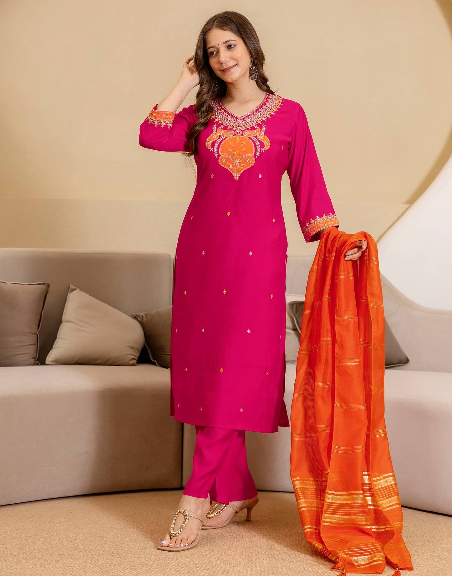 Silk Blend Embroidered Straight Kurta with Pant & Dupatta