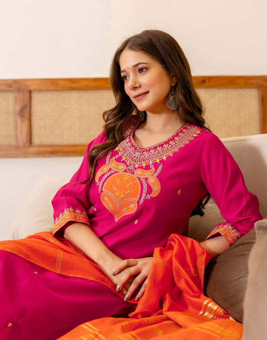 Silk Blend Embroidered Straight Kurta with Pant & Dupatta