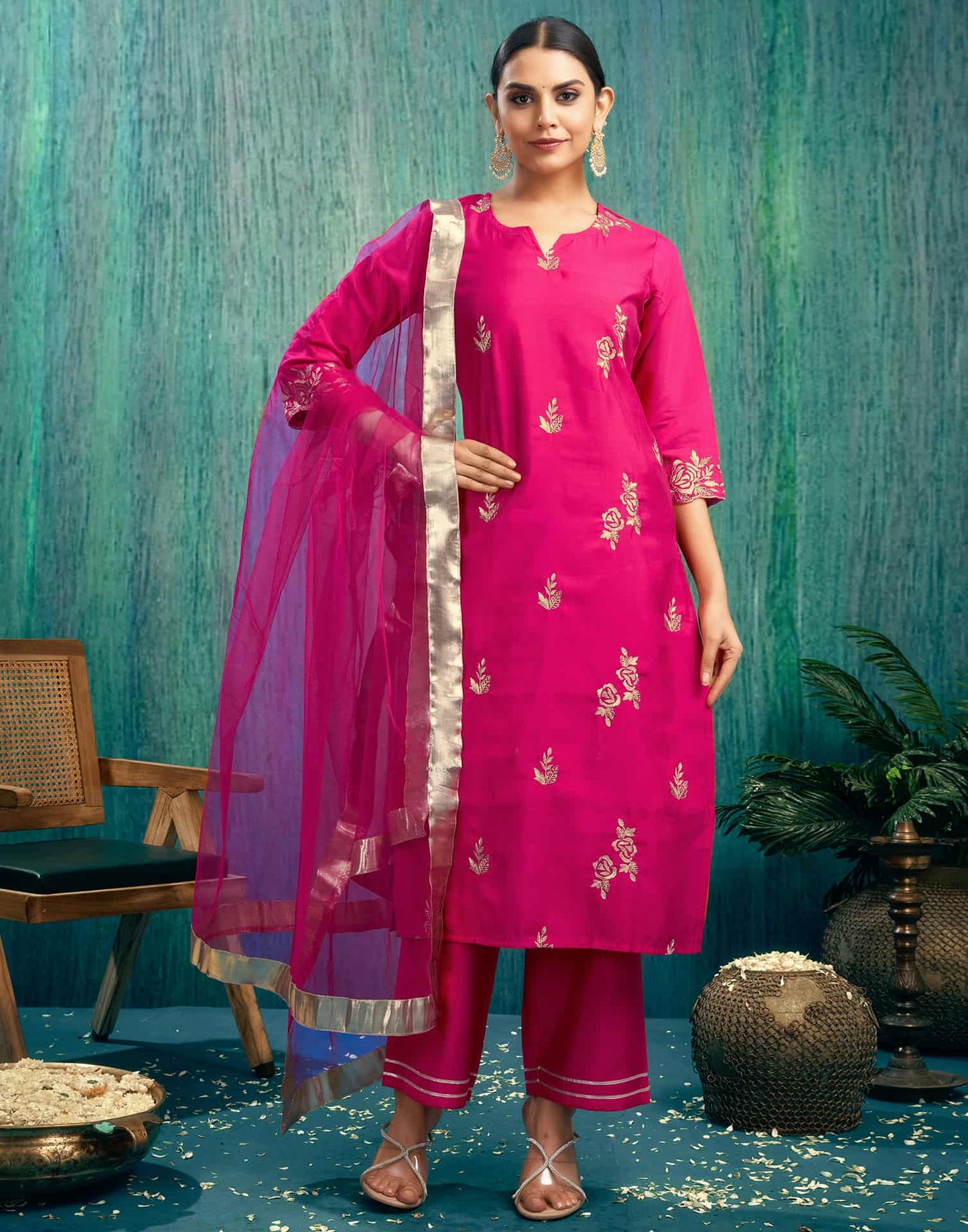 Silk Blend Embroidered Straight Kurta with Pant & Dupatta