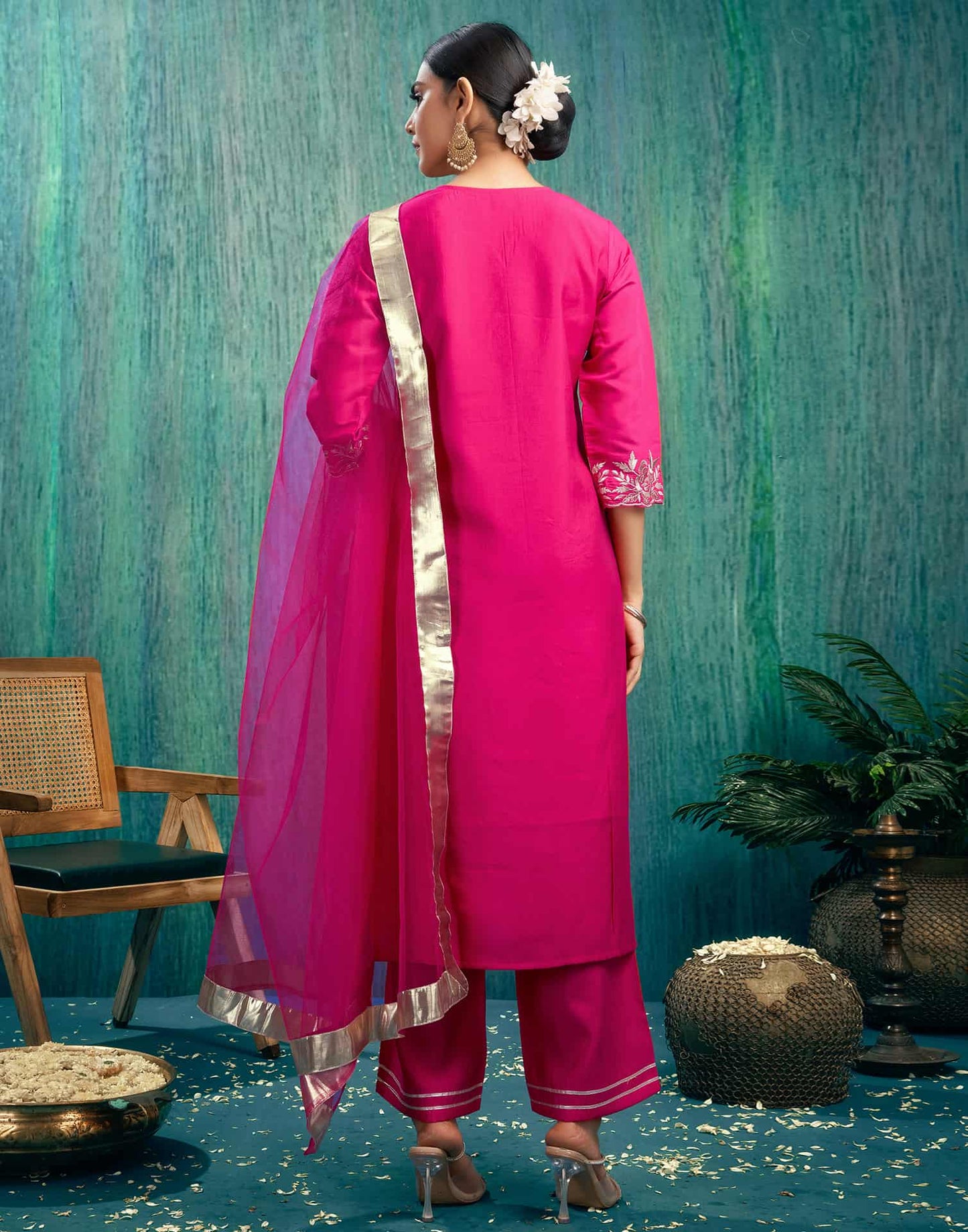 Silk Blend Embroidered Straight Kurta with Pant & Dupatta