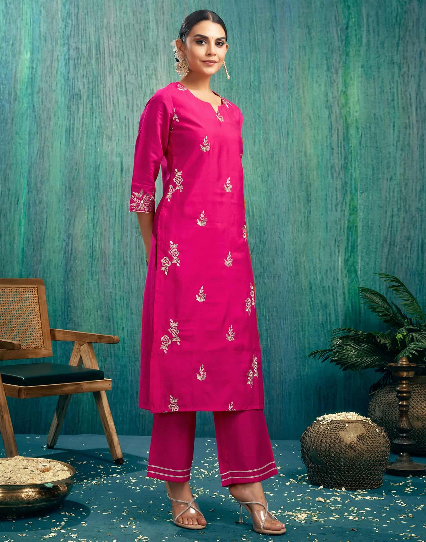Silk Blend Embroidered Straight Kurta with Pant & Dupatta