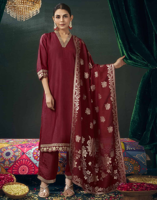 Silk Blend Embroidered Straight Kurta with Pant & Dupatta