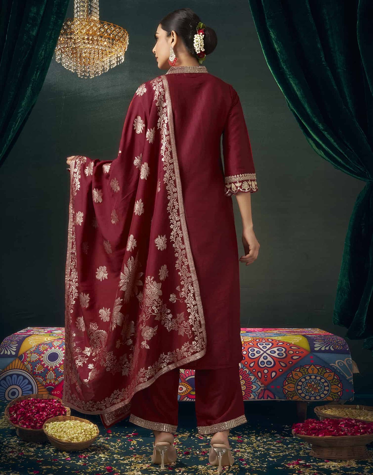 Silk Blend Embroidered Straight Kurta with Pant & Dupatta