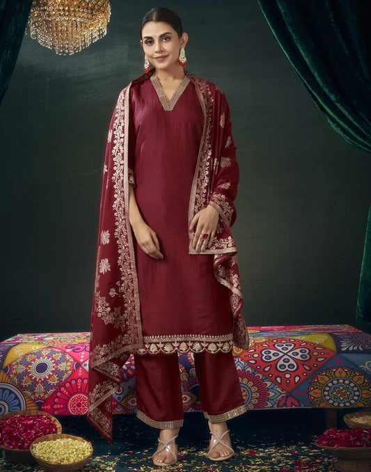 Silk Blend Embroidered Straight Kurta with Pant & Dupatta