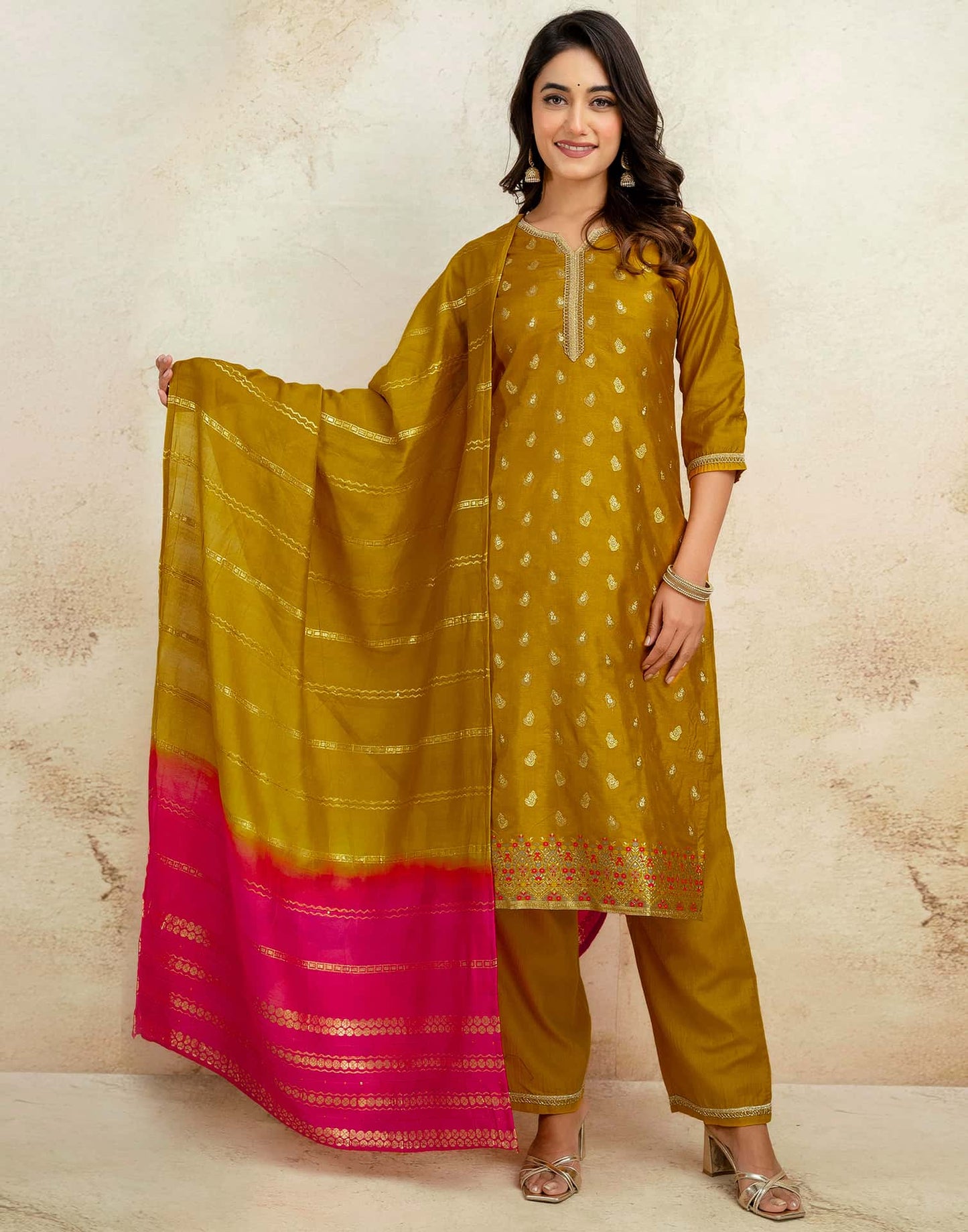 Silk Blend Weaving and Lace Straight Kurta with Pant & Dupatta