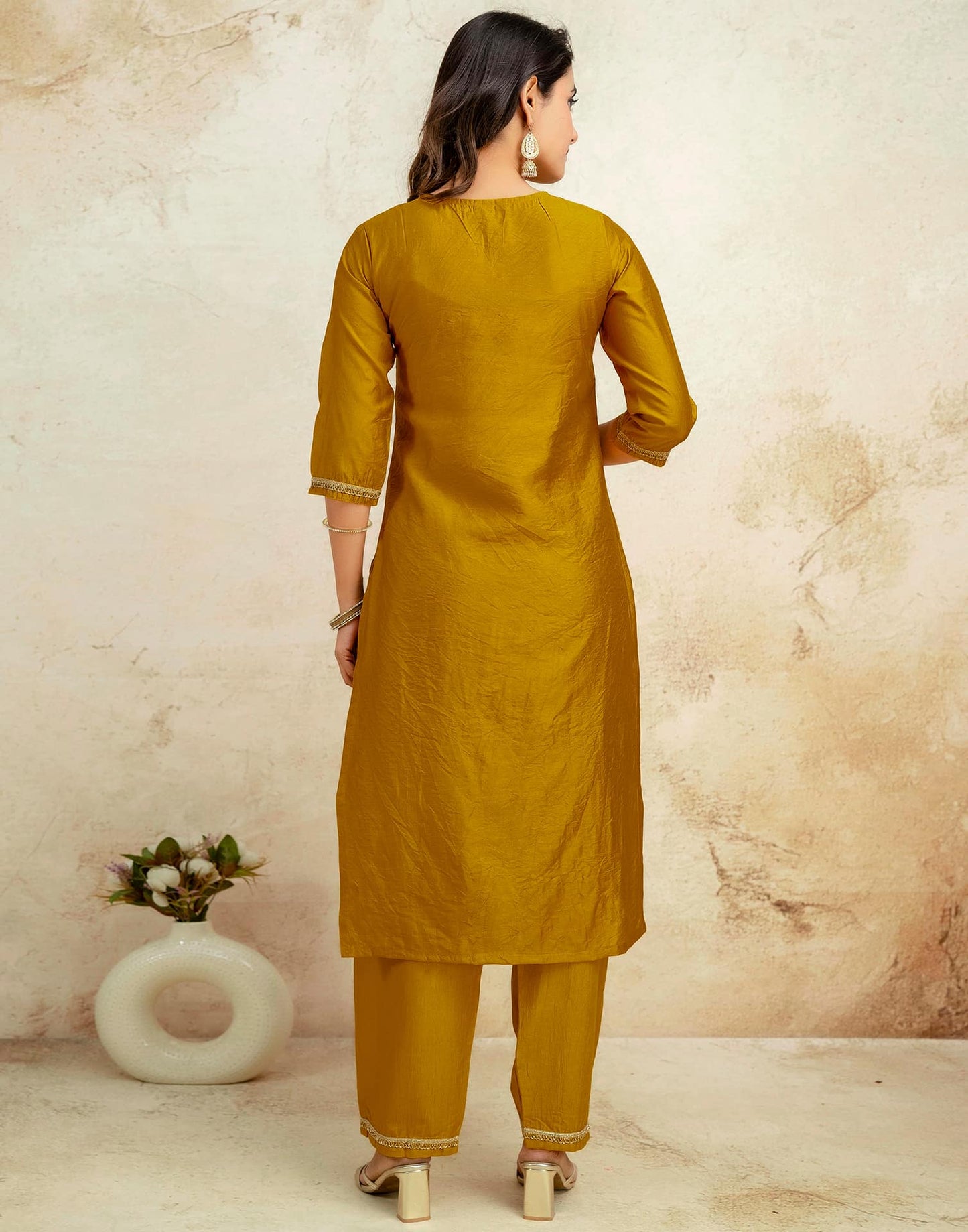 Silk Blend Weaving and Lace Straight Kurta with Pant & Dupatta