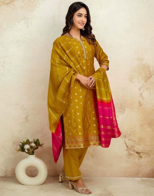 Silk Blend Weaving and Lace Straight Kurta with Pant & Dupatta
