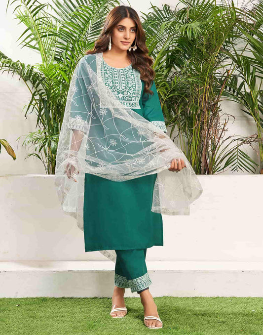 Cotton Blend Embroidered Straight Kurta with Pant & Dupatta