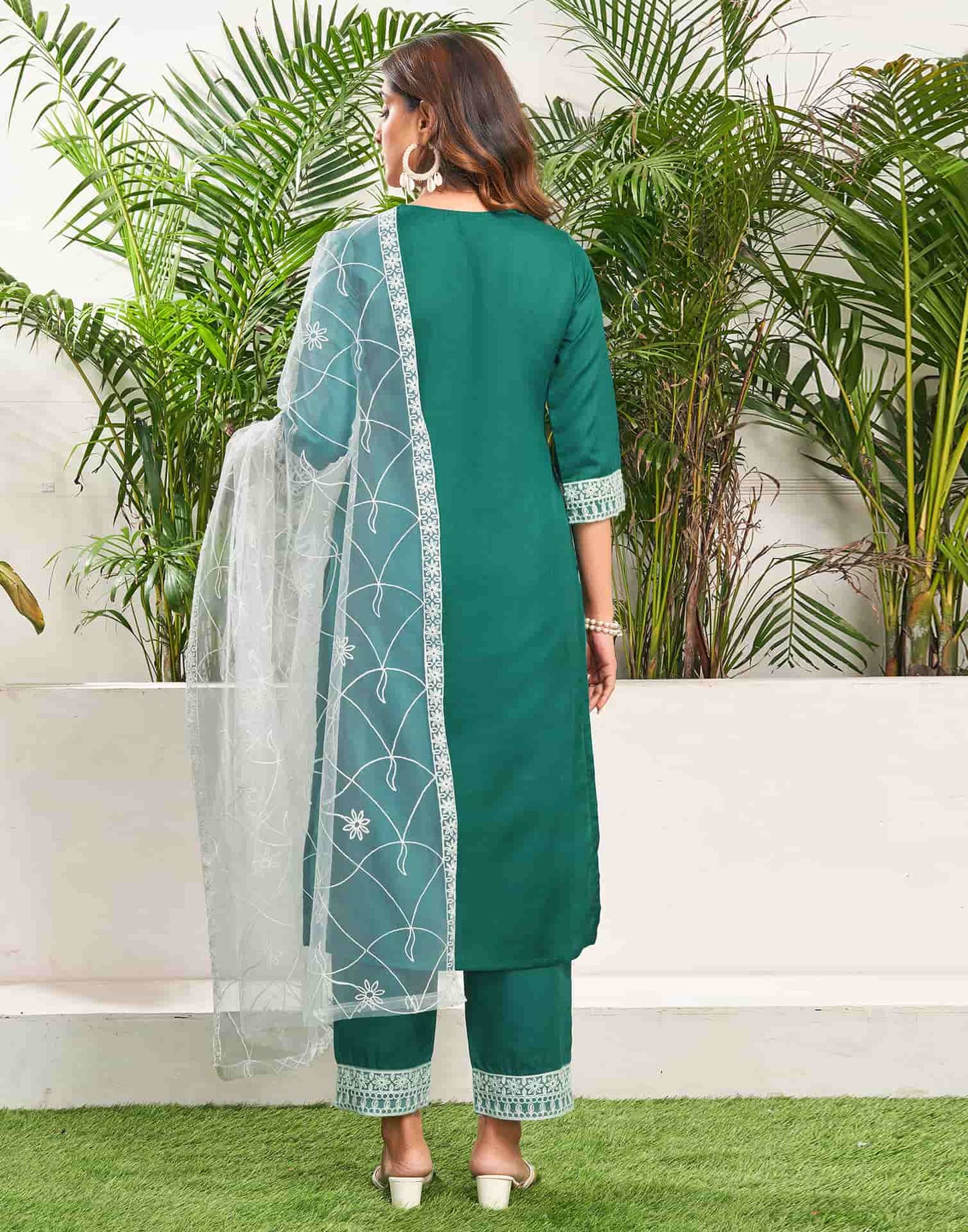 Cotton Blend Embroidered Straight Kurta with Pant & Dupatta