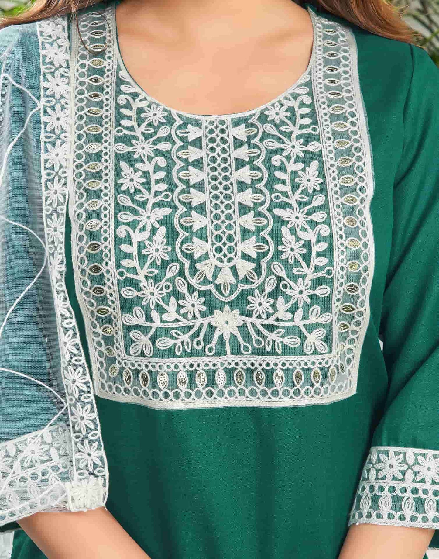 Cotton Blend Embroidered Straight Kurta with Pant & Dupatta