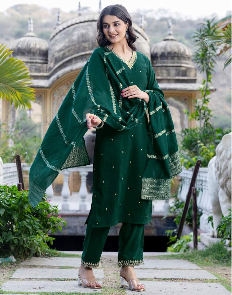 Dark Green Silk Sequence V Neck 3/4 Sleeve Straight Kurta Set With Pant & Dupatta