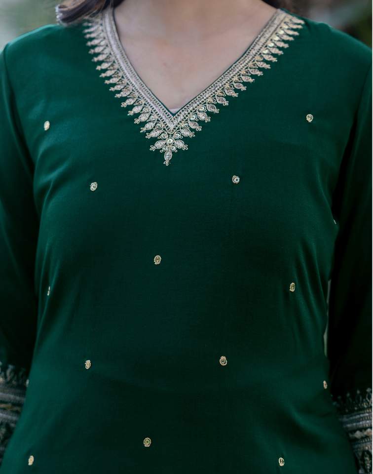 Dark Green Silk Sequence V Neck 3/4 Sleeve Straight Kurta Set With Pant & Dupatta