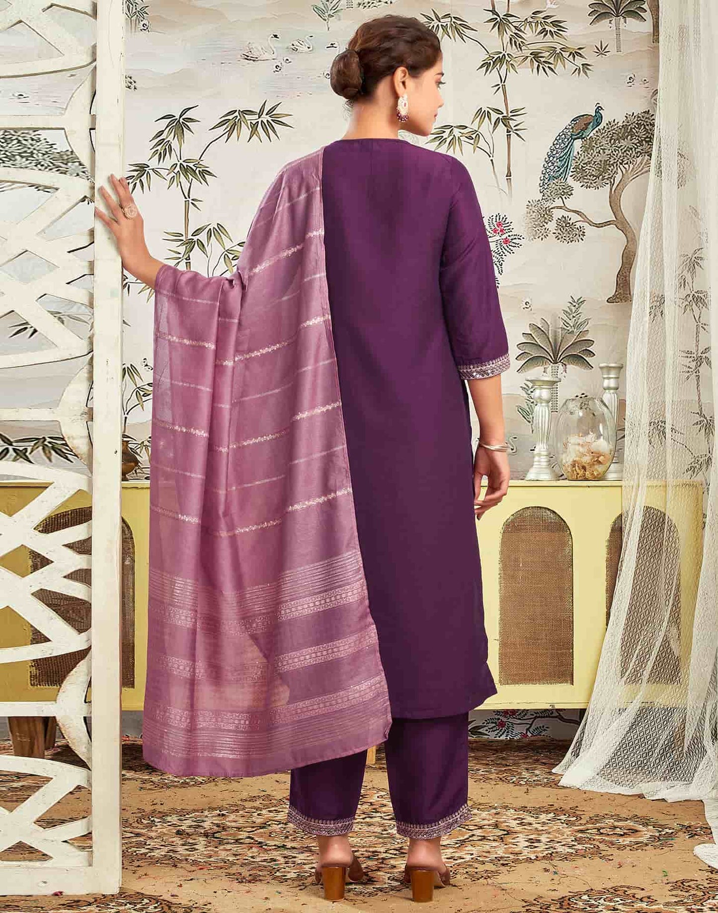 Silk Blend Embroidered Straight Kurta with Pant & Dupatta