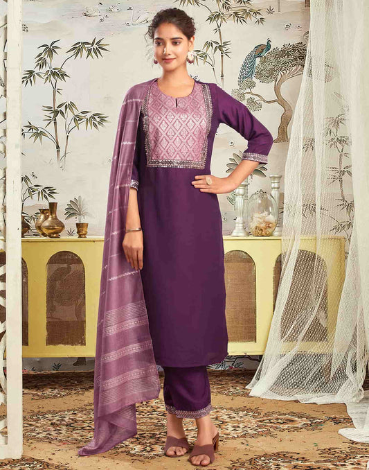 Silk Blend Embroidered Straight Kurta with Pant & Dupatta