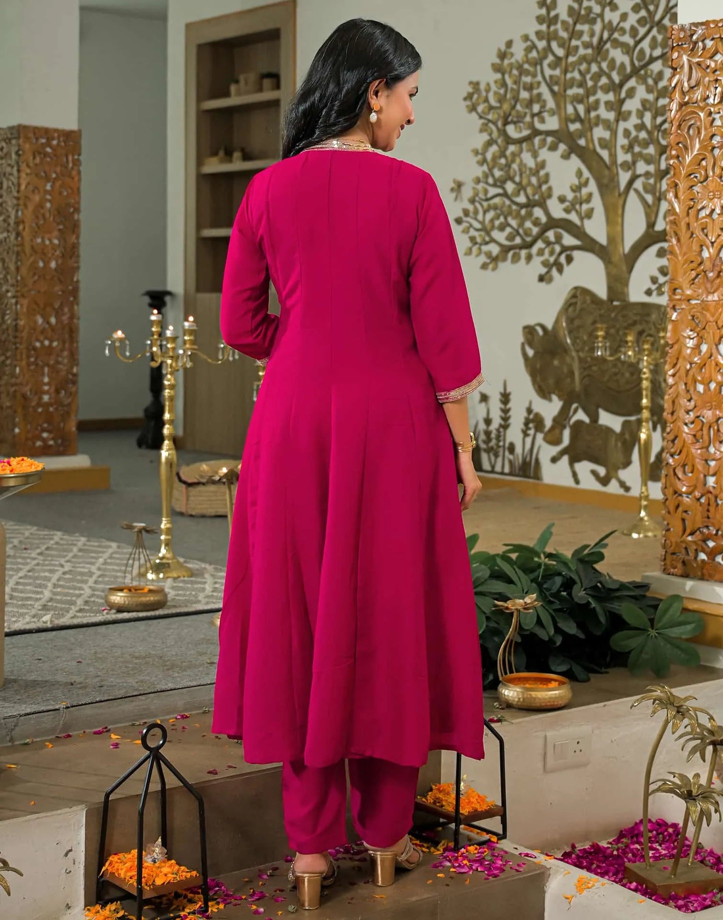 Affordable Pink Silk Embroidered Anarkali Kurta Set V-Neck Silk Kurti with Pant & Dupatta