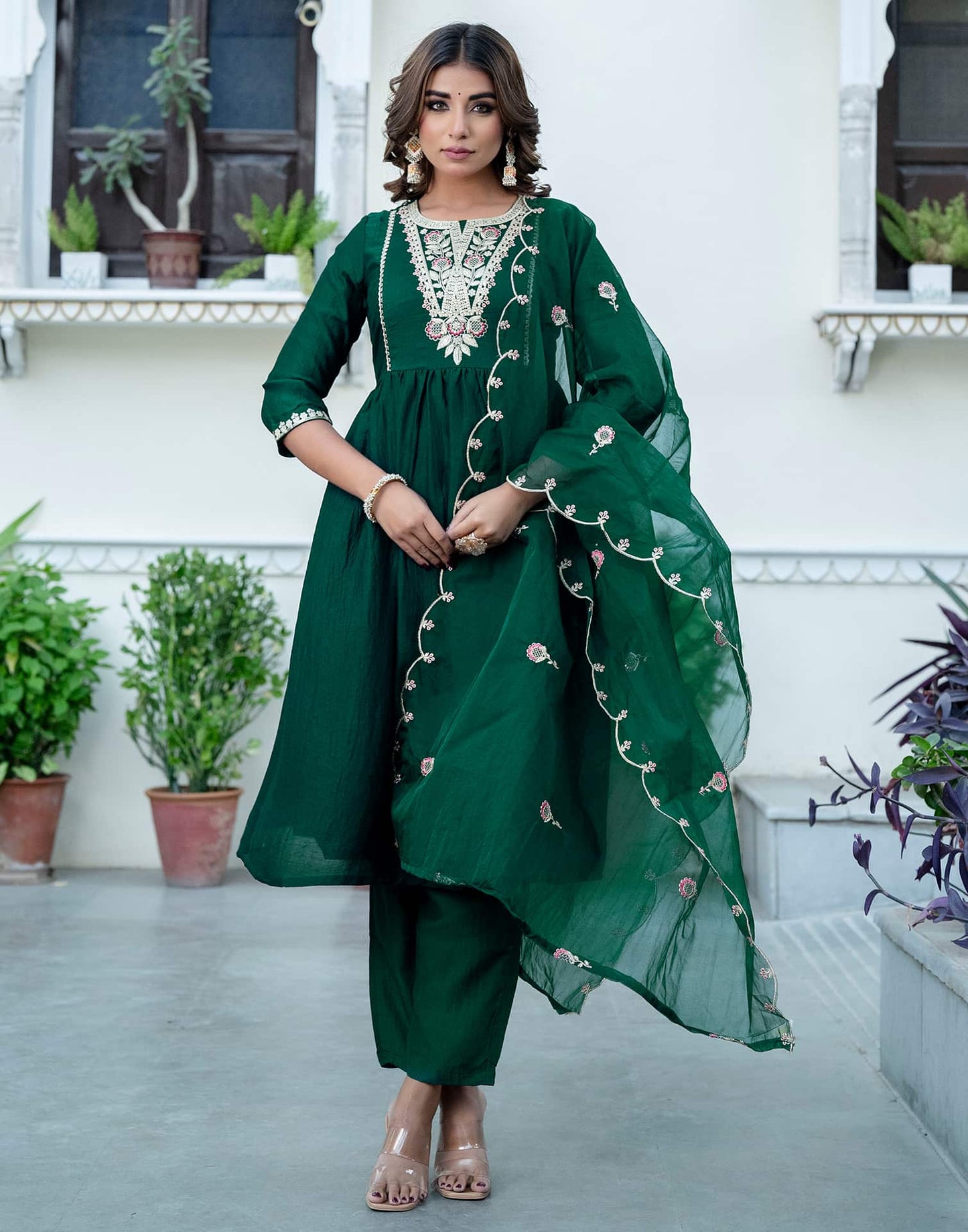 Silk Blend Embroidered Anarkali Kurta with Pant & Dupatta