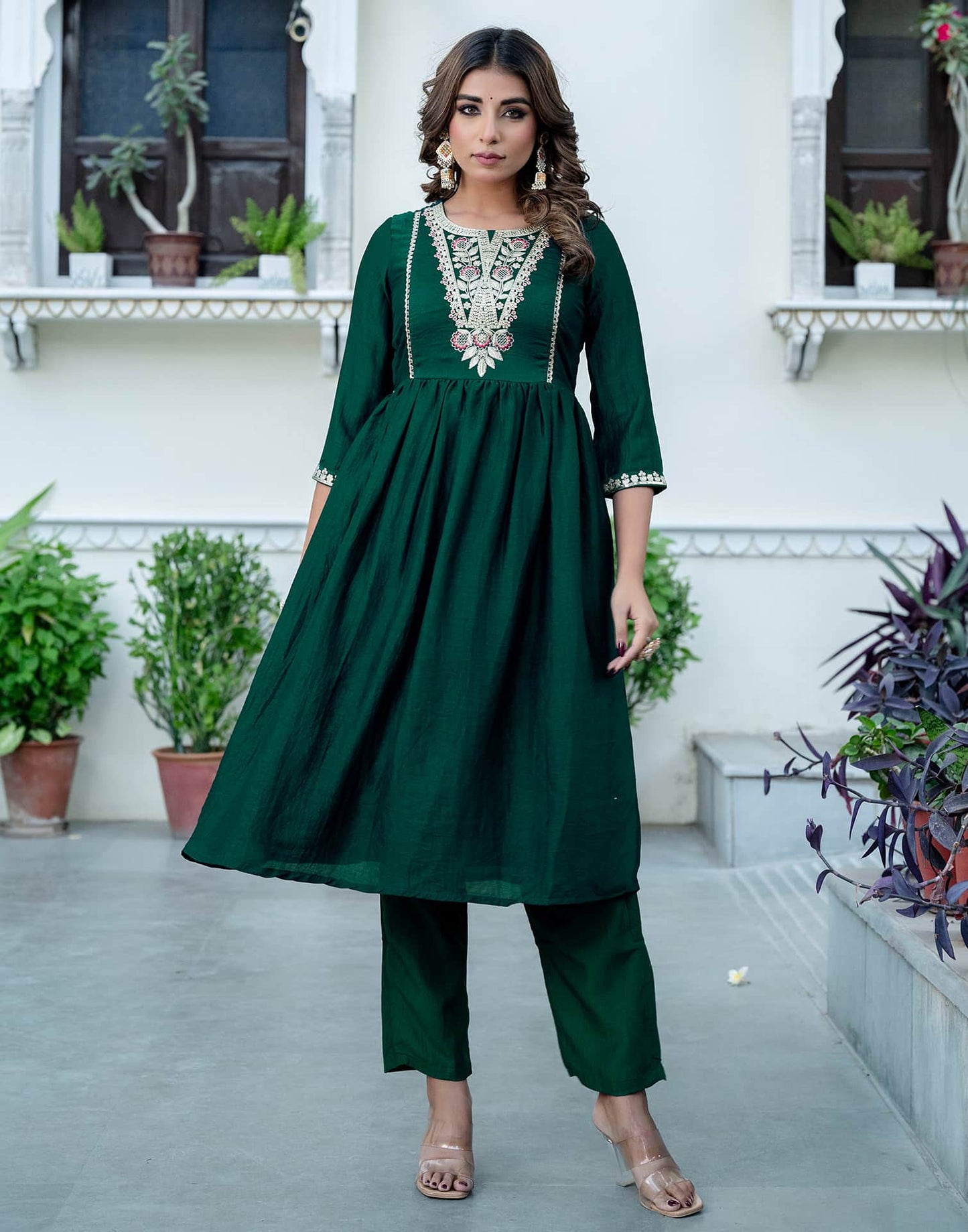 Silk Blend Embroidered Anarkali Kurta with Pant & Dupatta