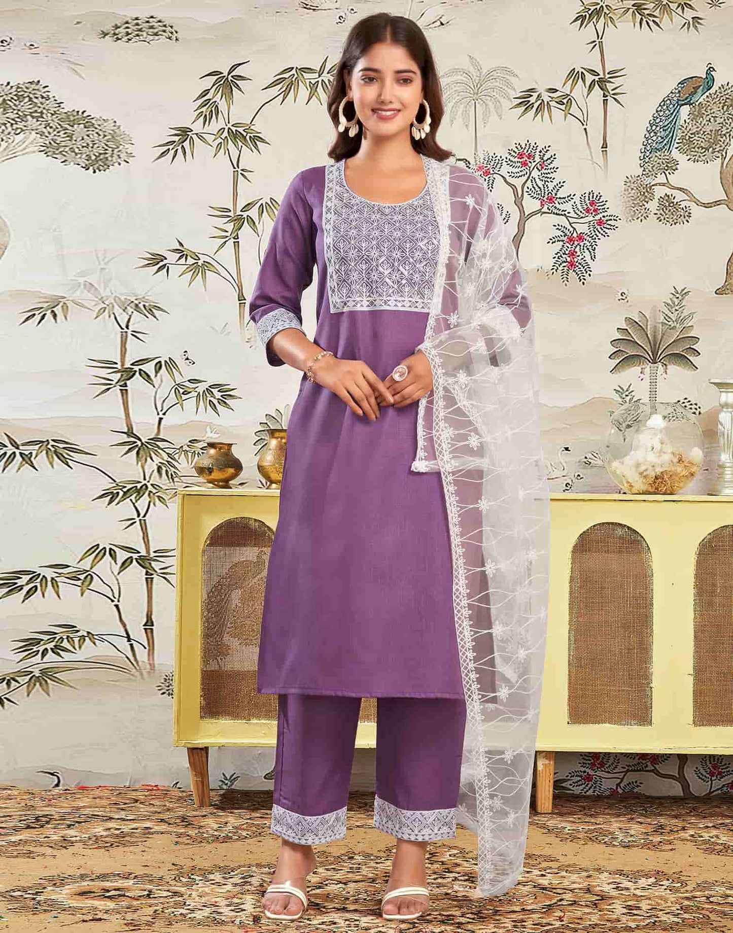 Cotton Blend Embroidered Straight Kurta with Pant & Dupatta