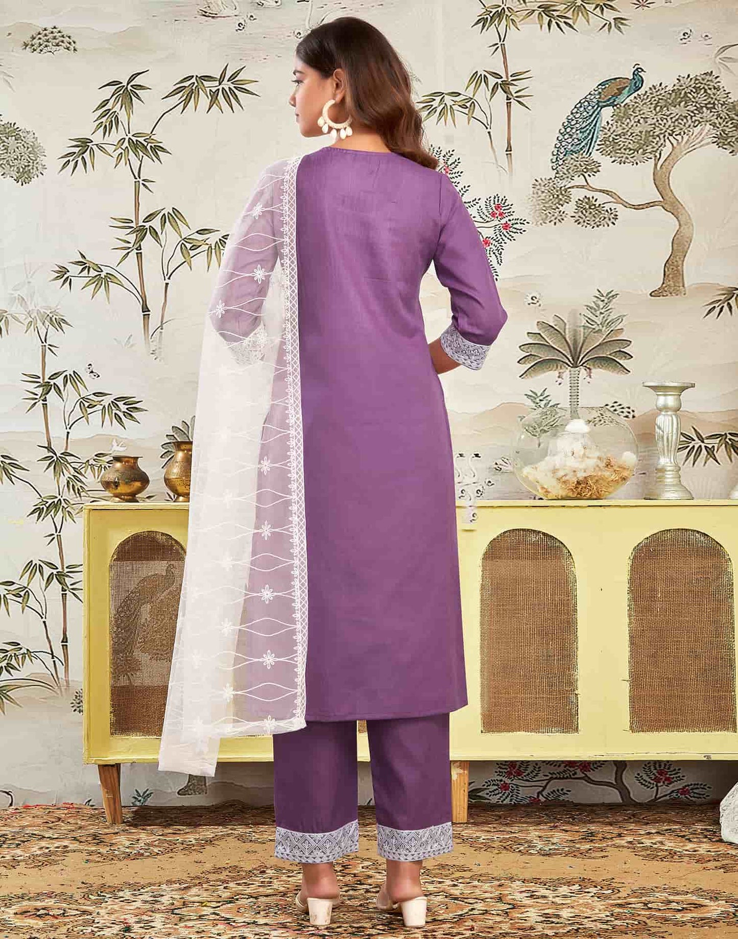 Cotton Blend Embroidered Straight Kurta with Pant & Dupatta