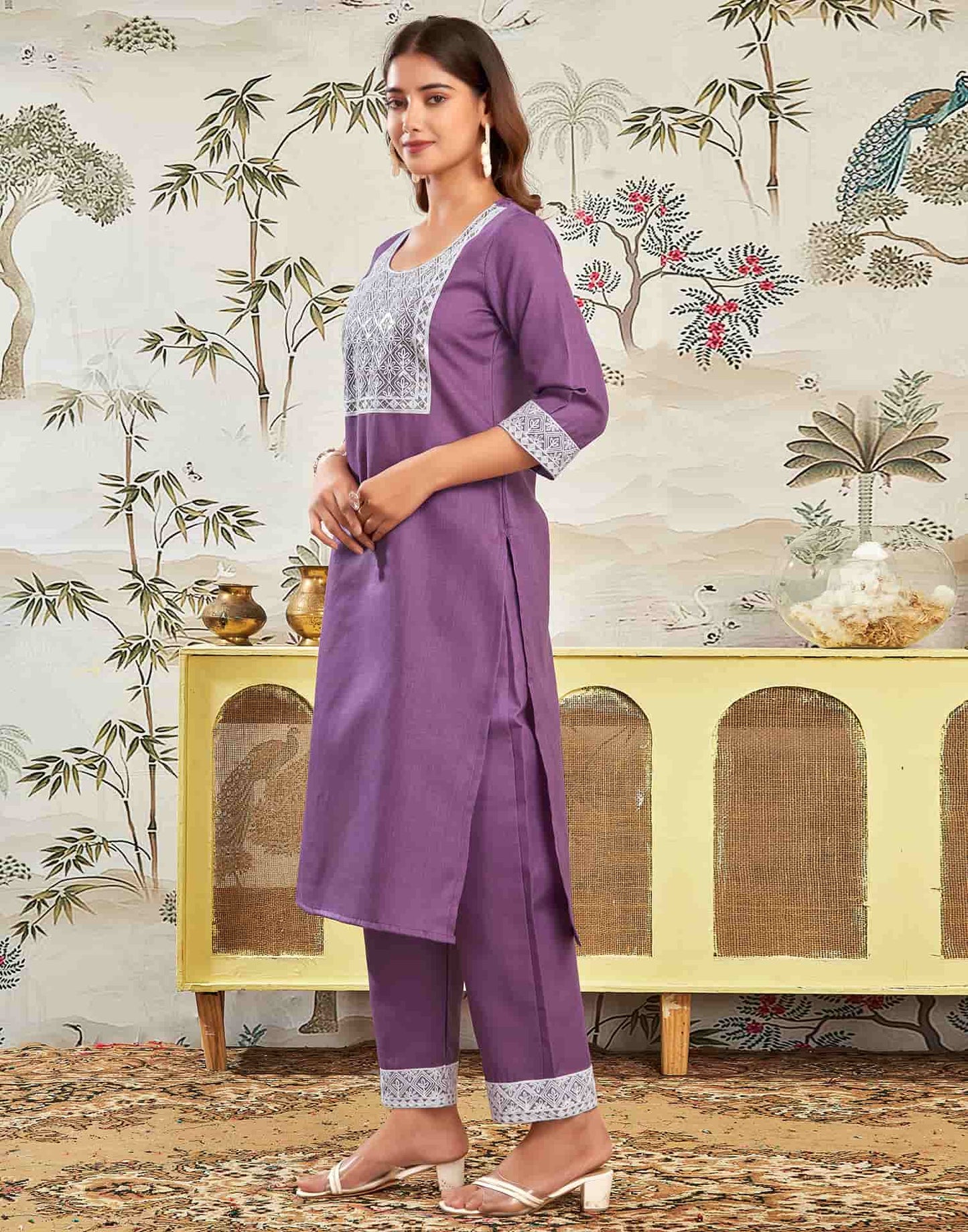 Cotton Blend Embroidered Straight Kurta with Pant & Dupatta