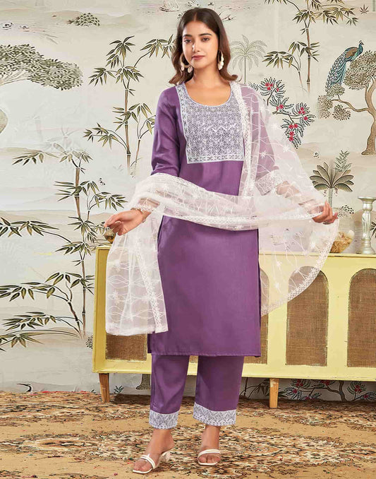 Cotton Blend Embroidered Straight Kurta with Pant & Dupatta