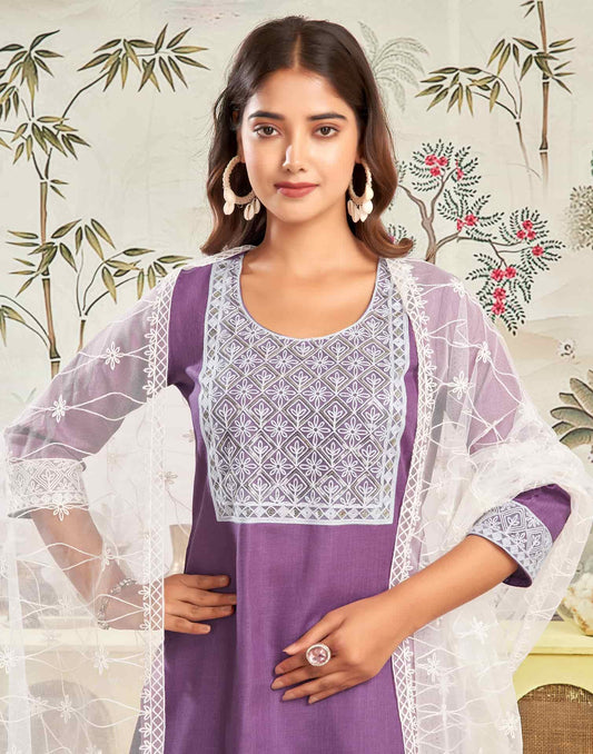 Cotton Blend Embroidered Straight Kurta with Pant & Dupatta